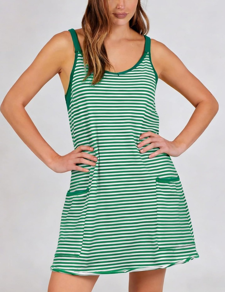Striped Athletic Mini Dress for Women | Tank Dress with Built-in Shorts & Pockets,  Friendly XS–5XL